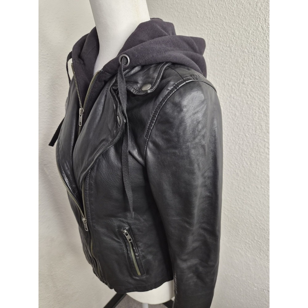 Caslon 100% Leather Moto Jacket With Removable hoodie In Black size S - Picture 6 of 16